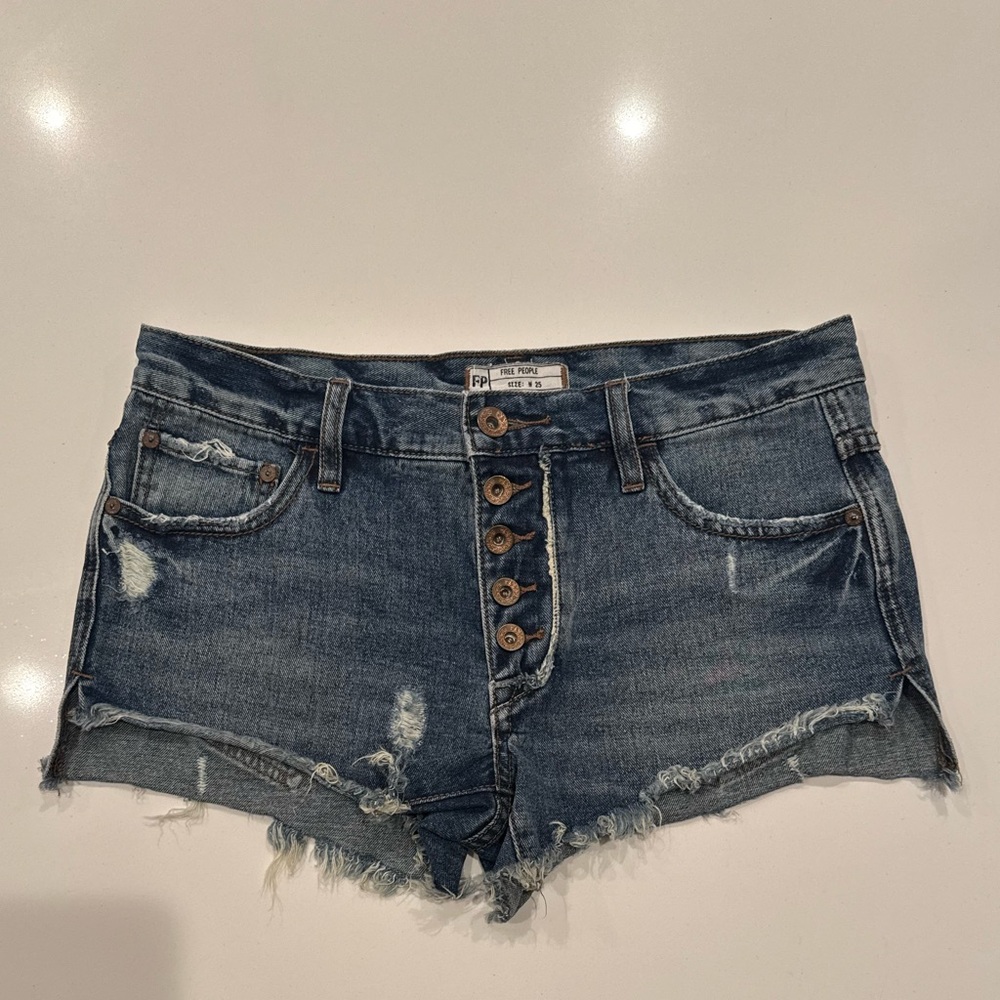 Free People Blue Distressed Jean Shorts